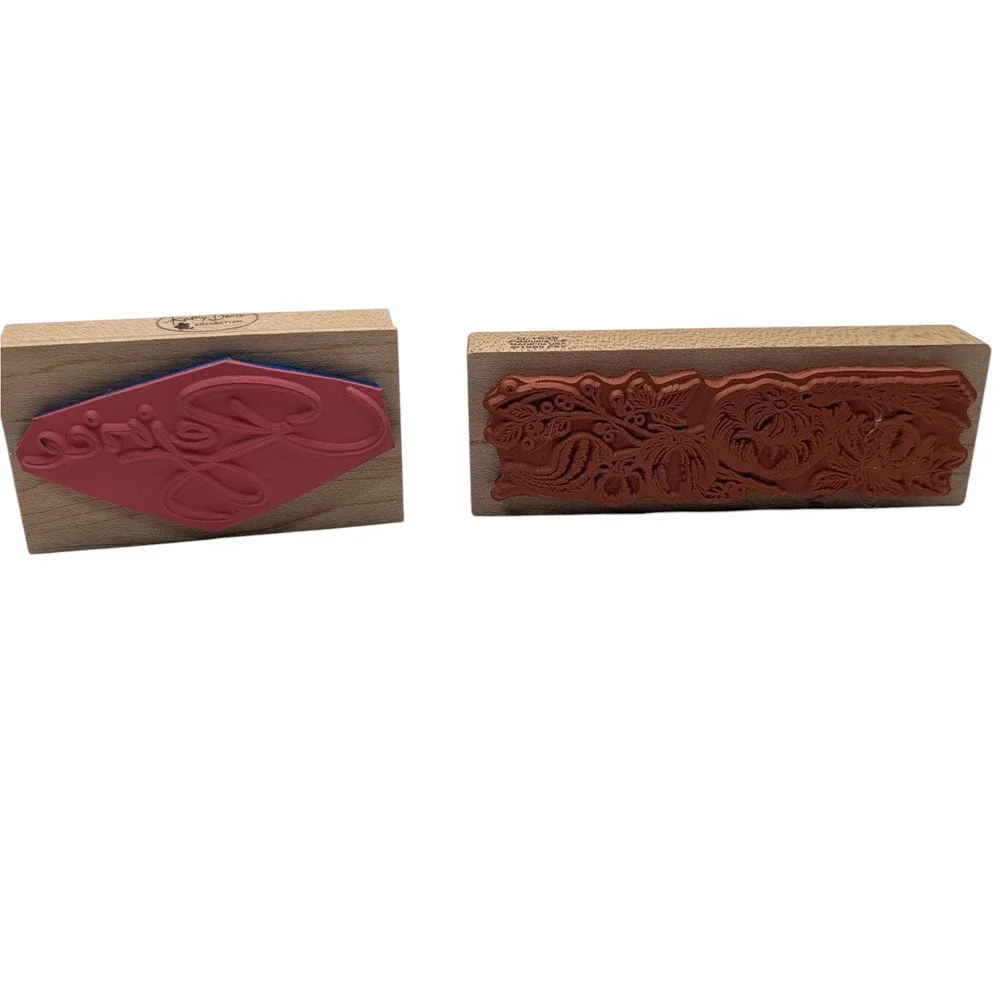 Vintage Wood Mounted Rubber Stamp Set‎ Holidays Craft Two Piece 1990s SEE
